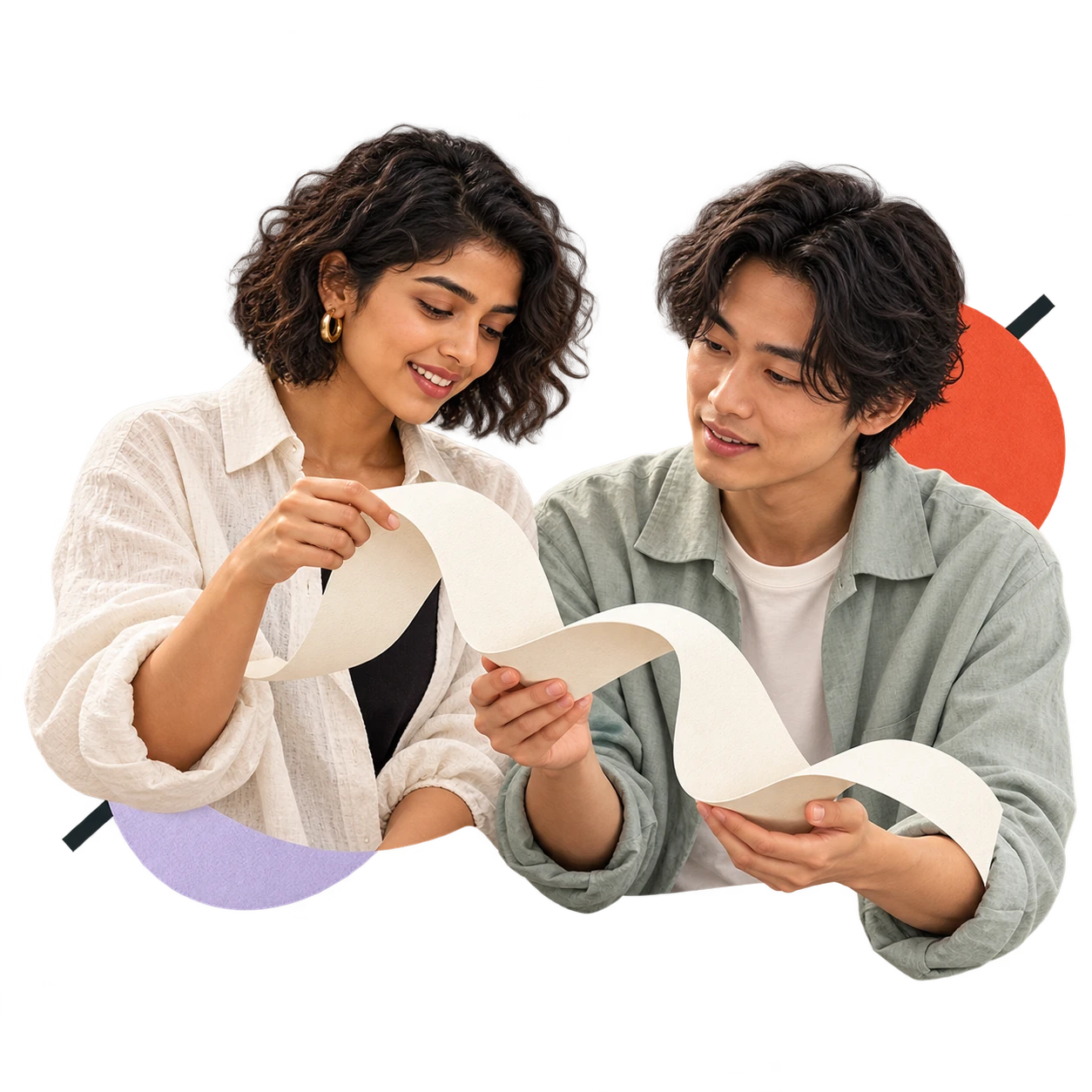 Two creatives holding a folded paper strand that connects their hands.