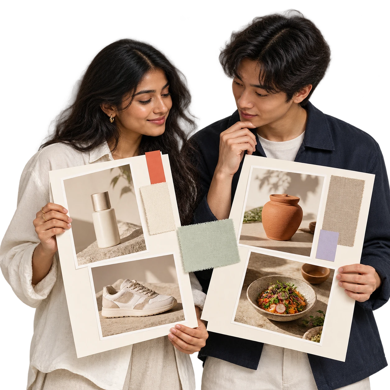 Two campaign moodboards with different creator content and product photographs.