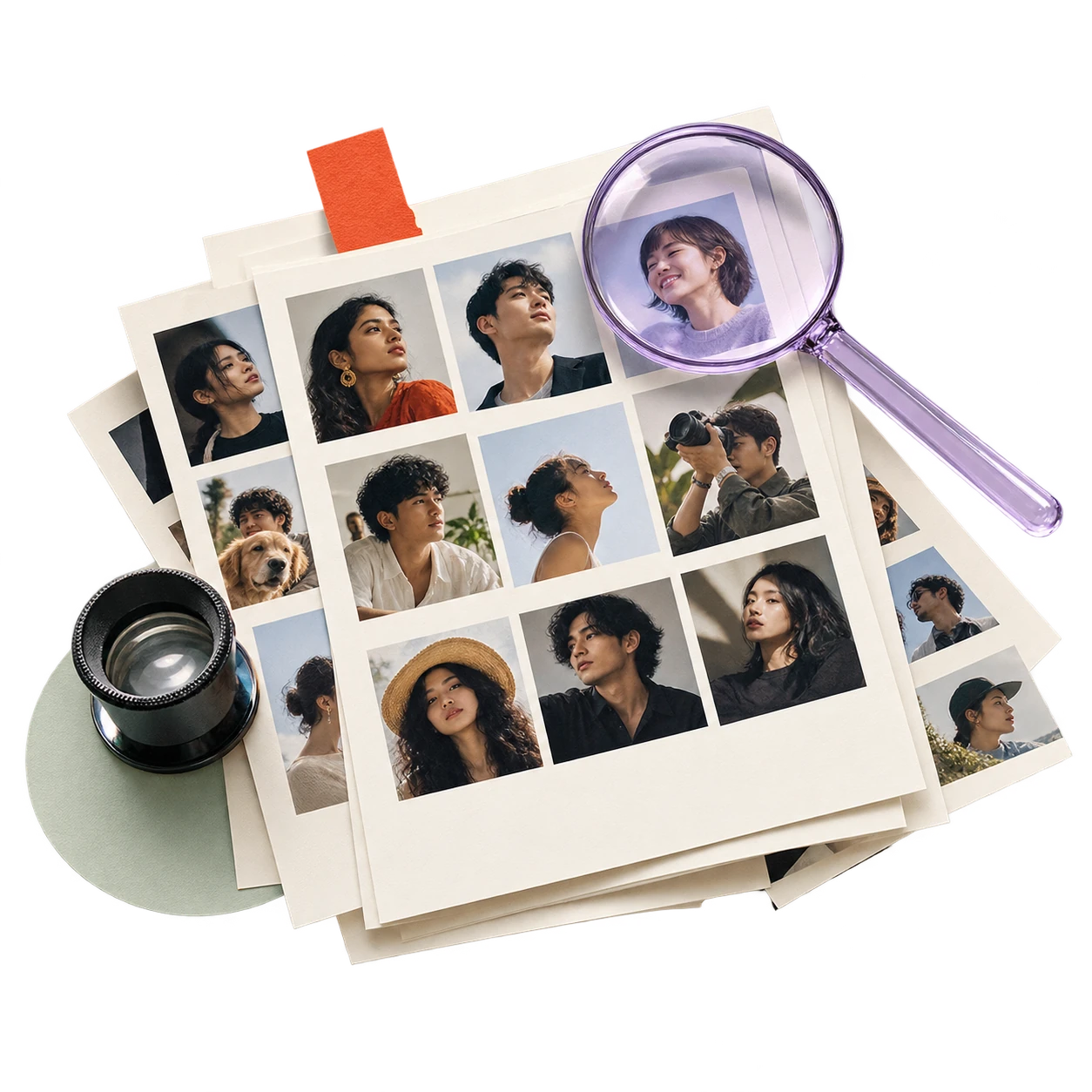Creator contact sheets, a viewing loupe and translucent lilac paper.