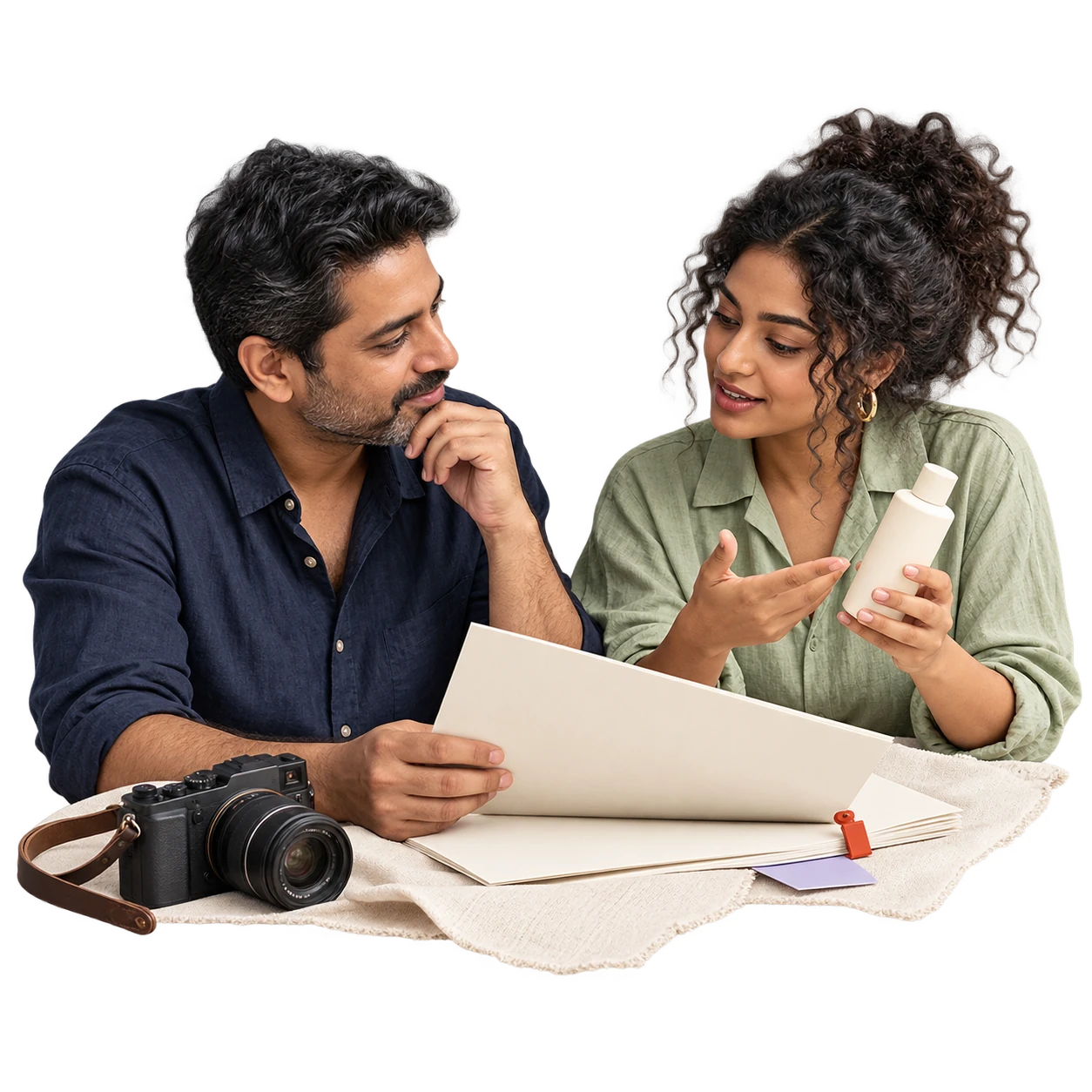 A product founder and creator discussing an ivory bottle and campaign brief.
