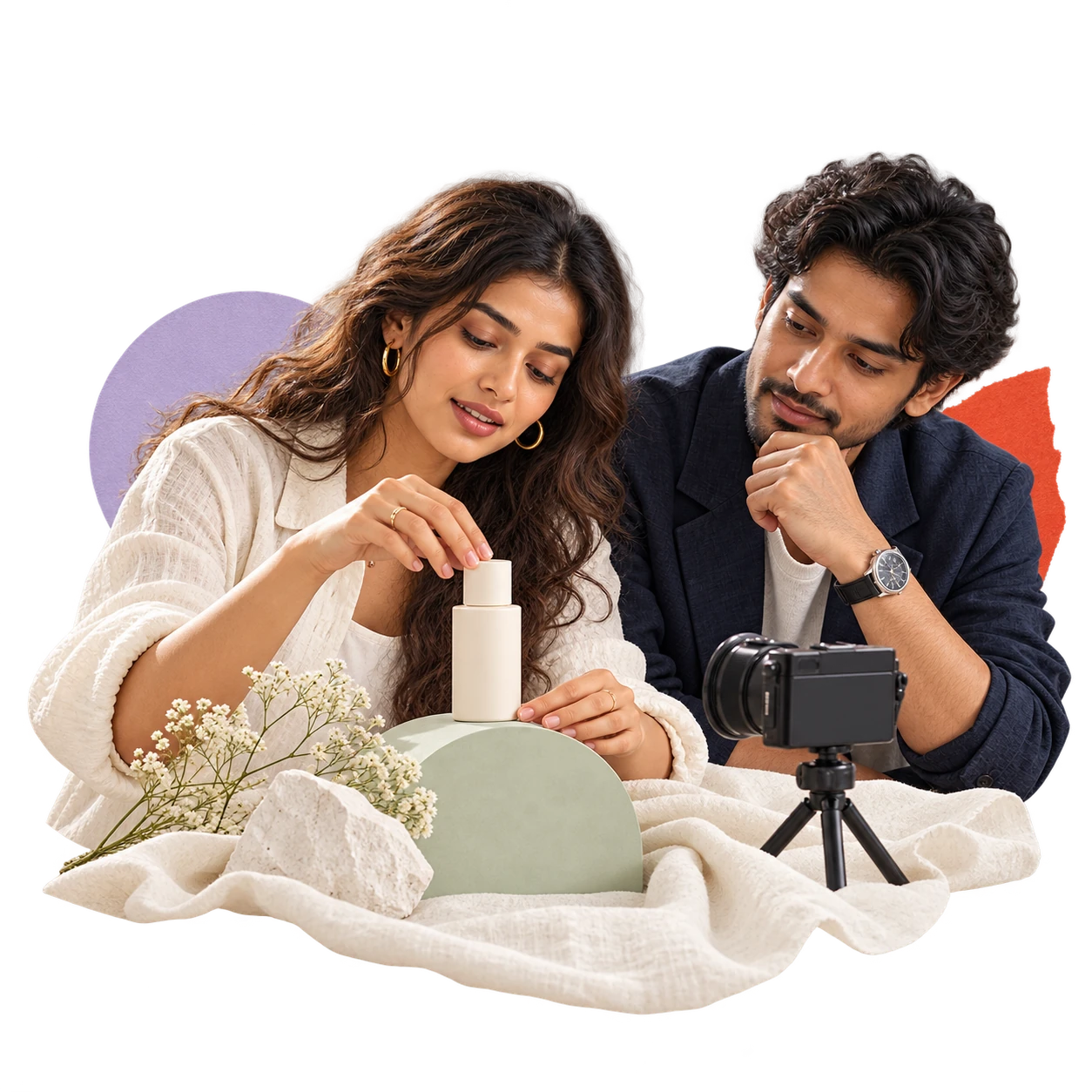 A brand founder and beauty creator styling an ivory skincare bottle beside a camera.