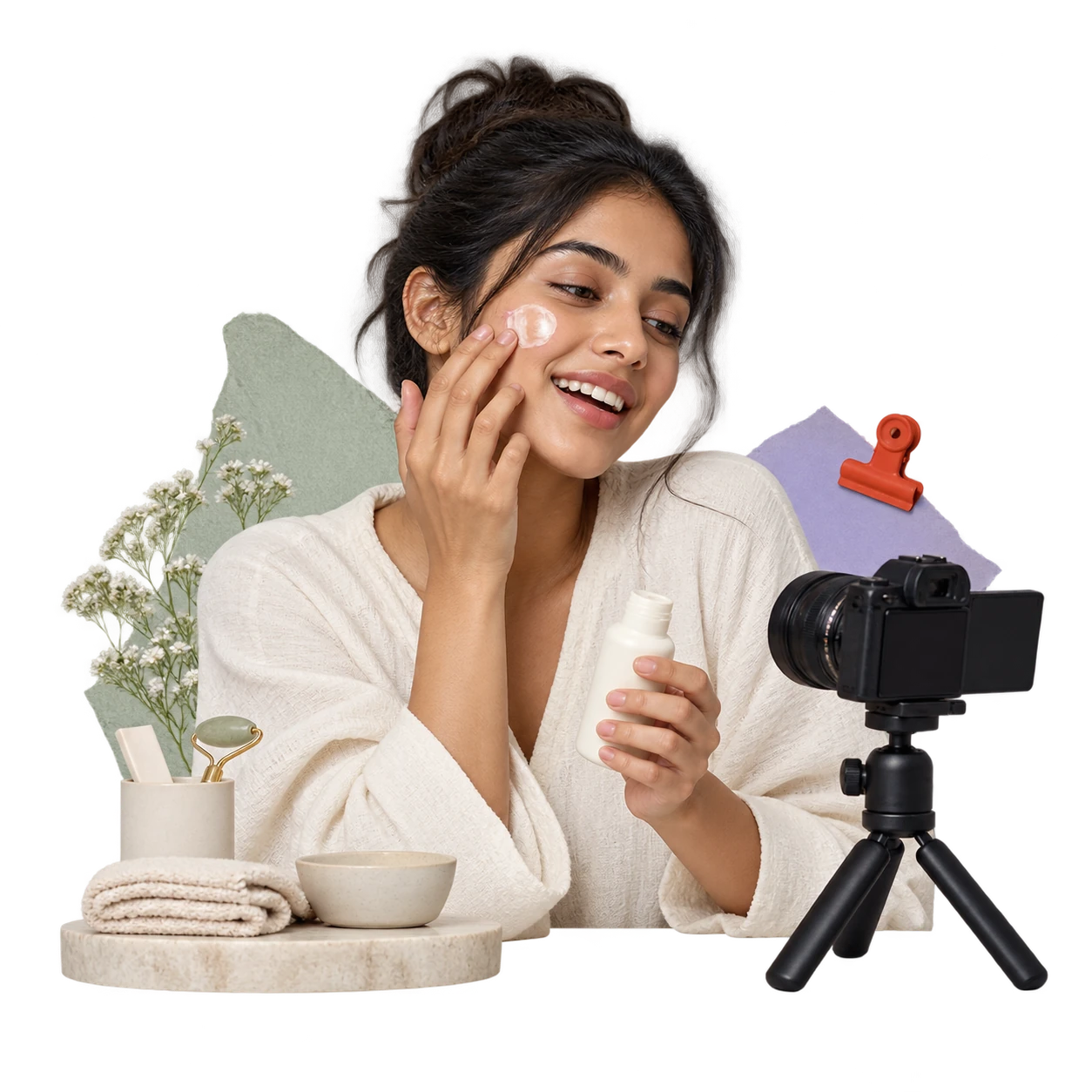 A beauty creator filming a routine with an unbranded skincare bottle.