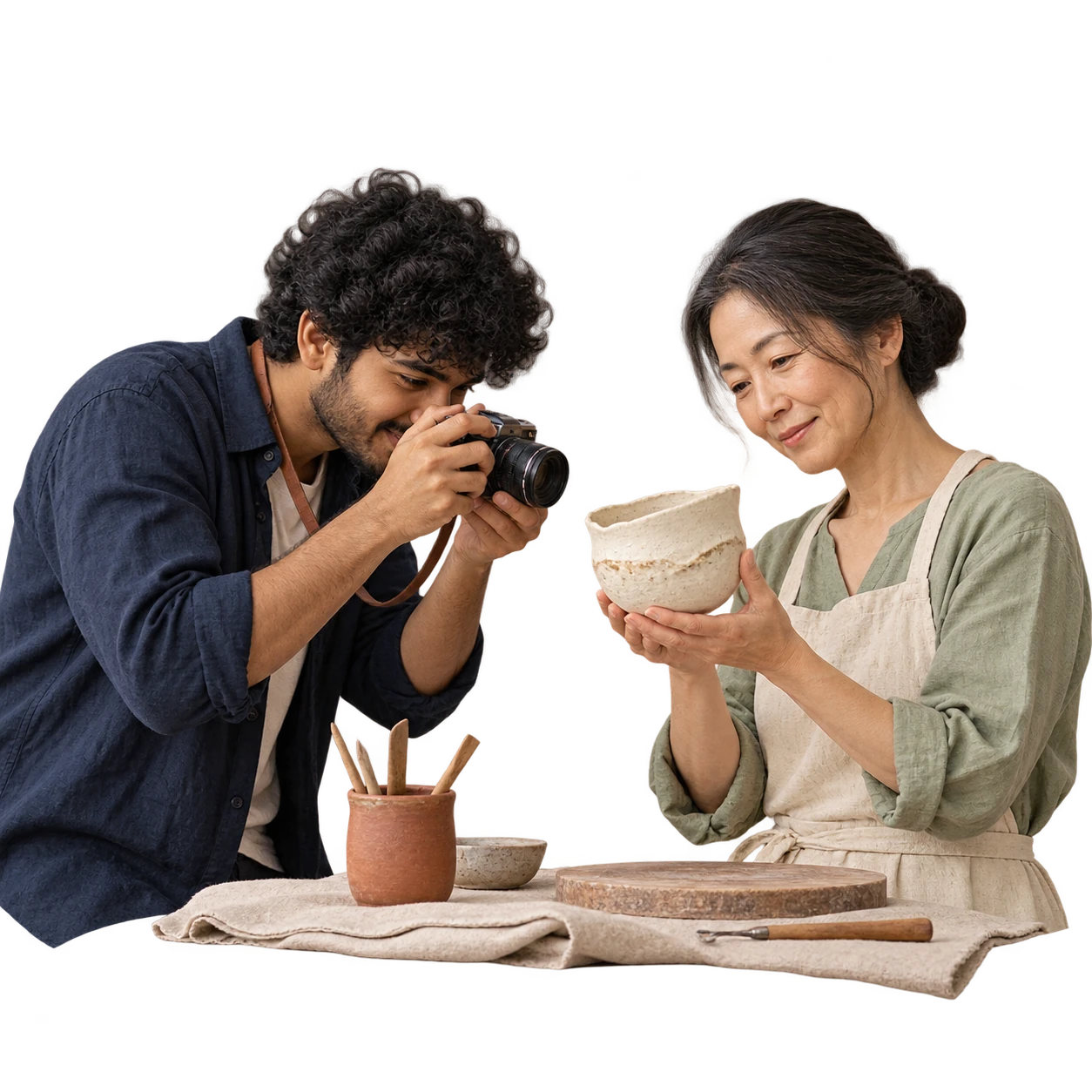 A travel creator documenting a ceramic artist and an ivory vessel.