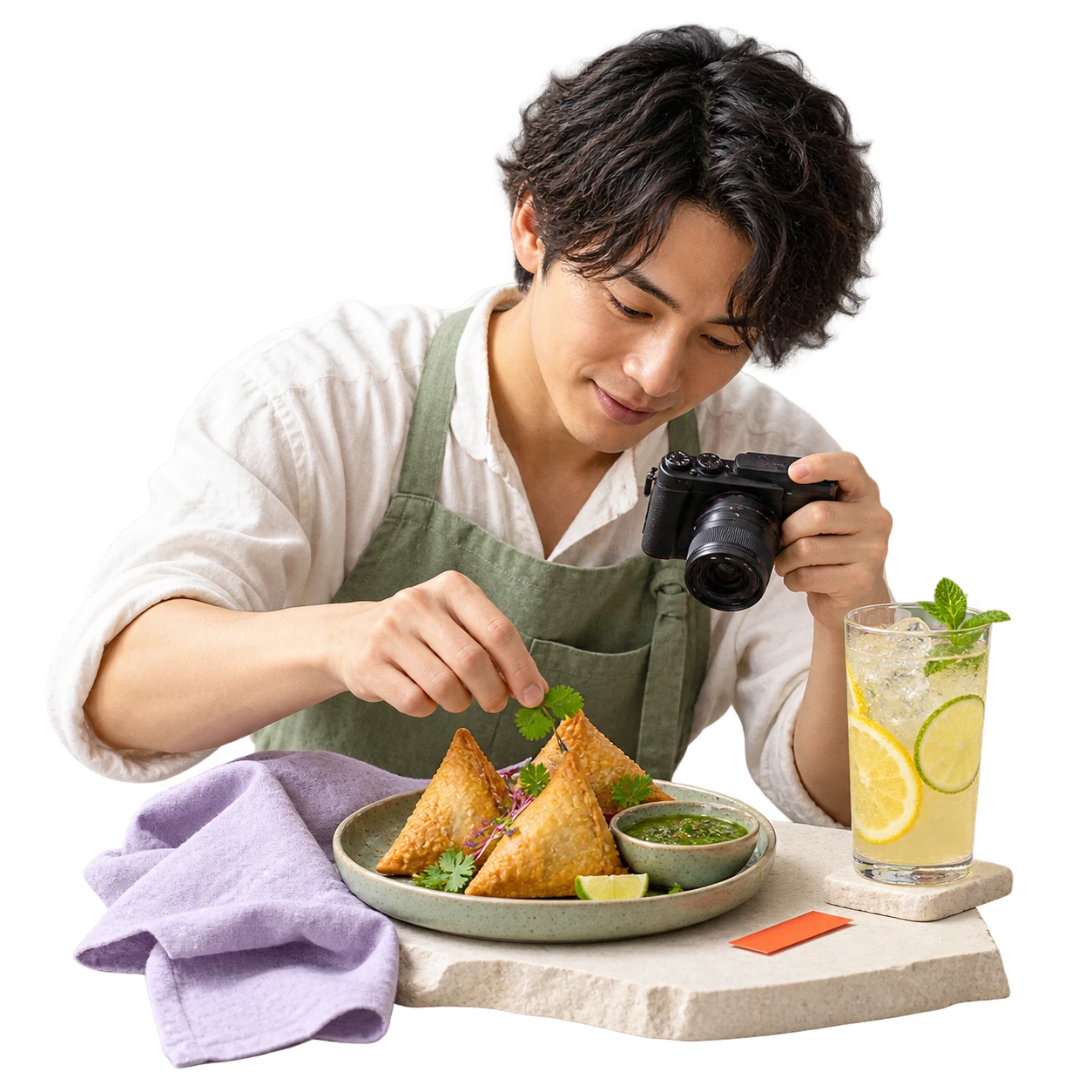 A food creator styling and filming a snack and iced drink.