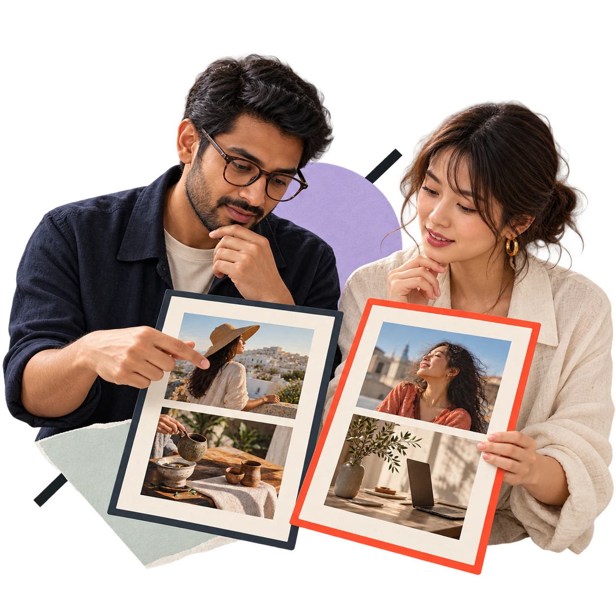 Two strategists comparing campaign moodboards and creator photographs.