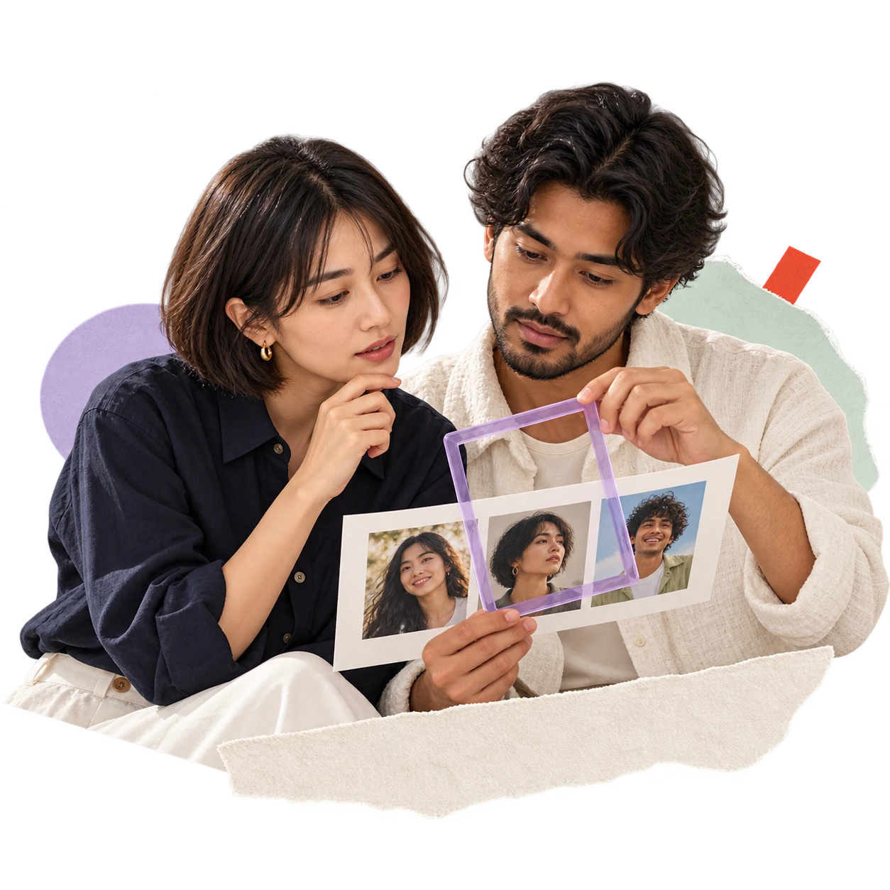 A researcher and strategist studying creator portraits through a lilac viewing frame.