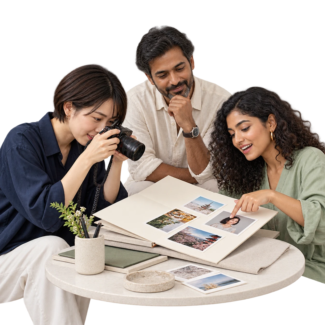 Three creators and campaign collaborators working around a shared folio.