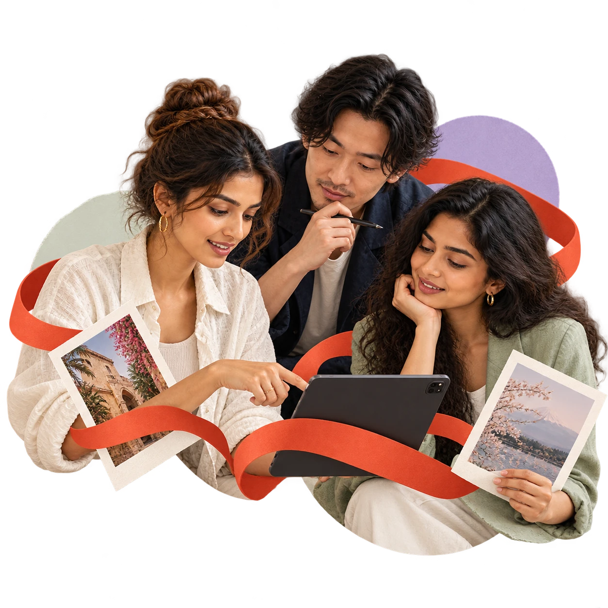 Three creator campaign collaborators connecting portraits and a tablet with a red ribbon.