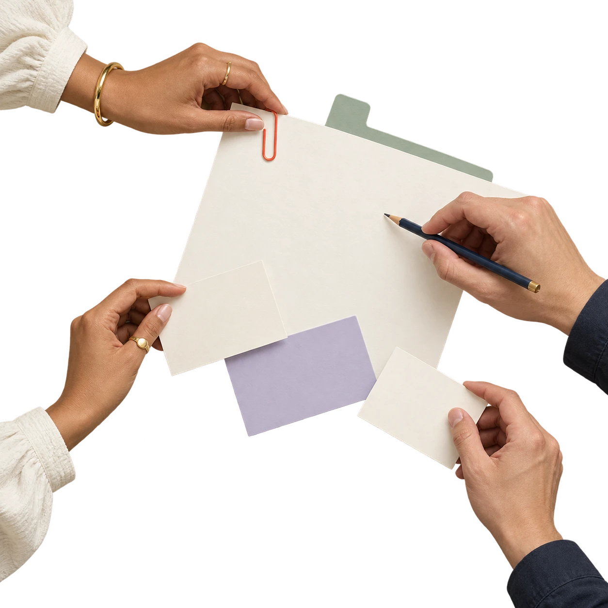 Hands arranging a blank campaign brief and creator task cards.