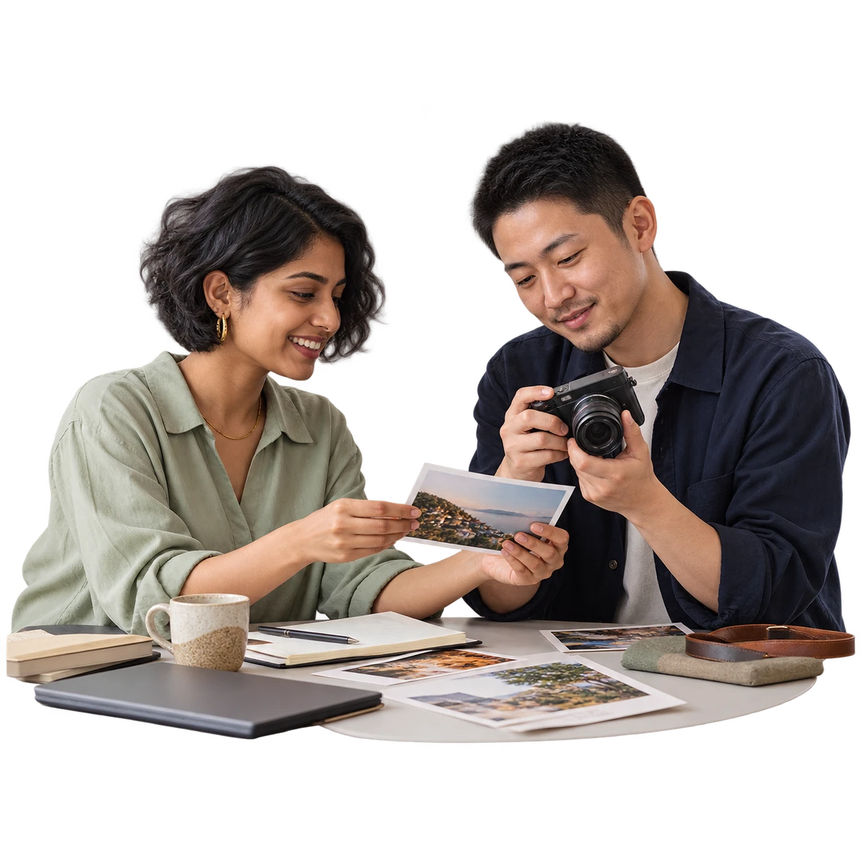A campaign owner and creator reviewing a camera preview and finished print together.