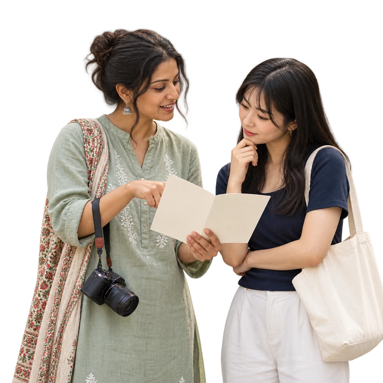 A regional creator explaining a programme leaflet to a young resident.