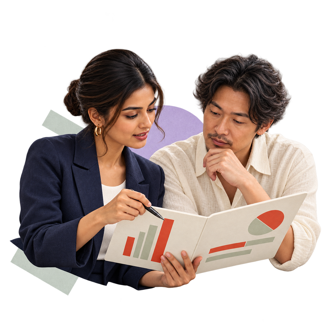 A campaign analyst discussing a report folio with a colleague.