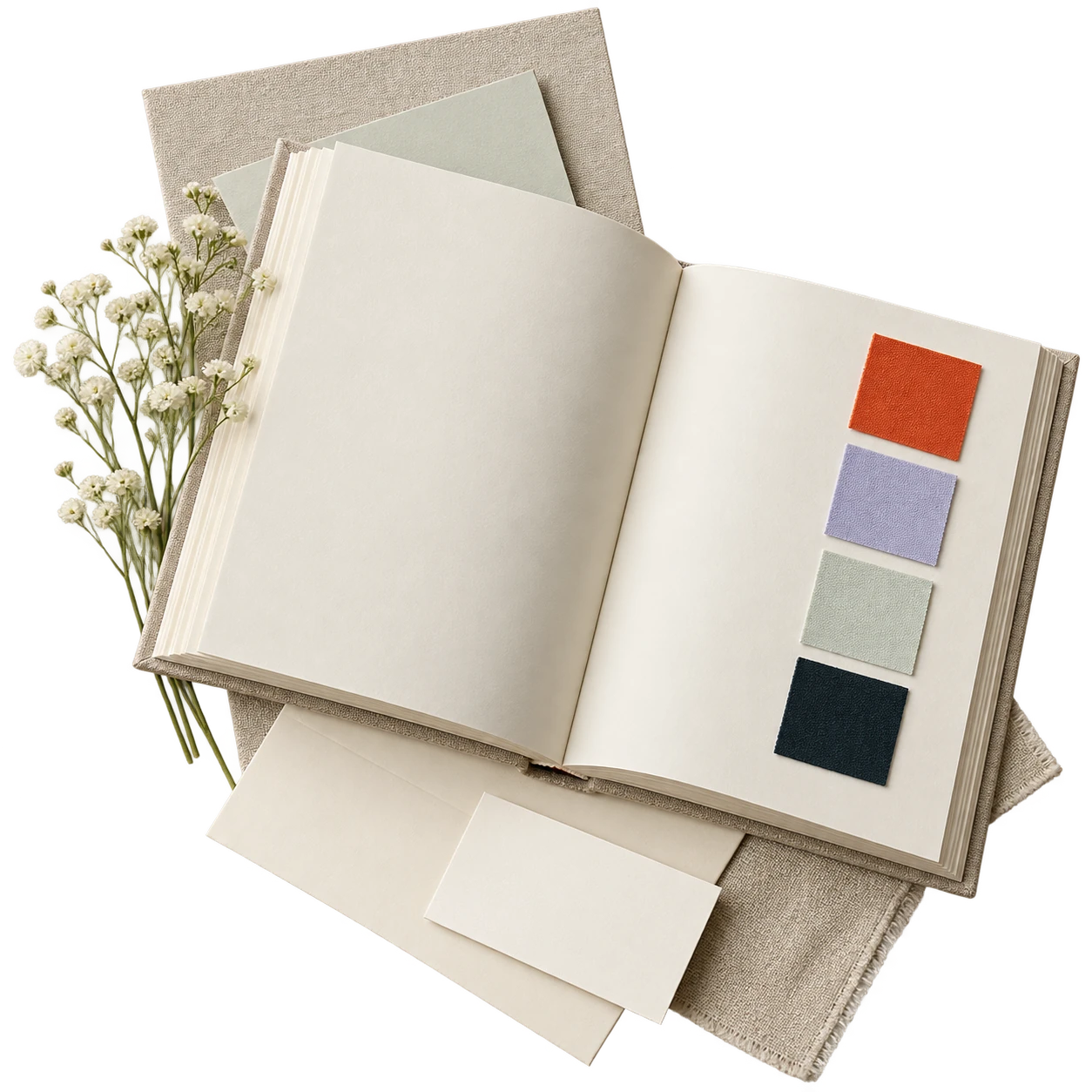 An open identity guide with colour swatches and unprinted stationery.