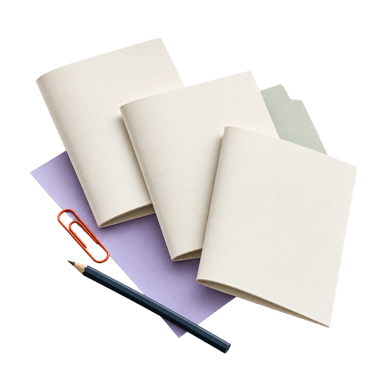 Ivory planning booklets, a red clip, navy pencil and coloured paper tabs.