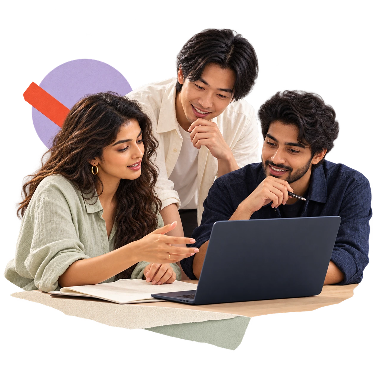 Three colleagues collaborating around a navy laptop and paper campaign brief.